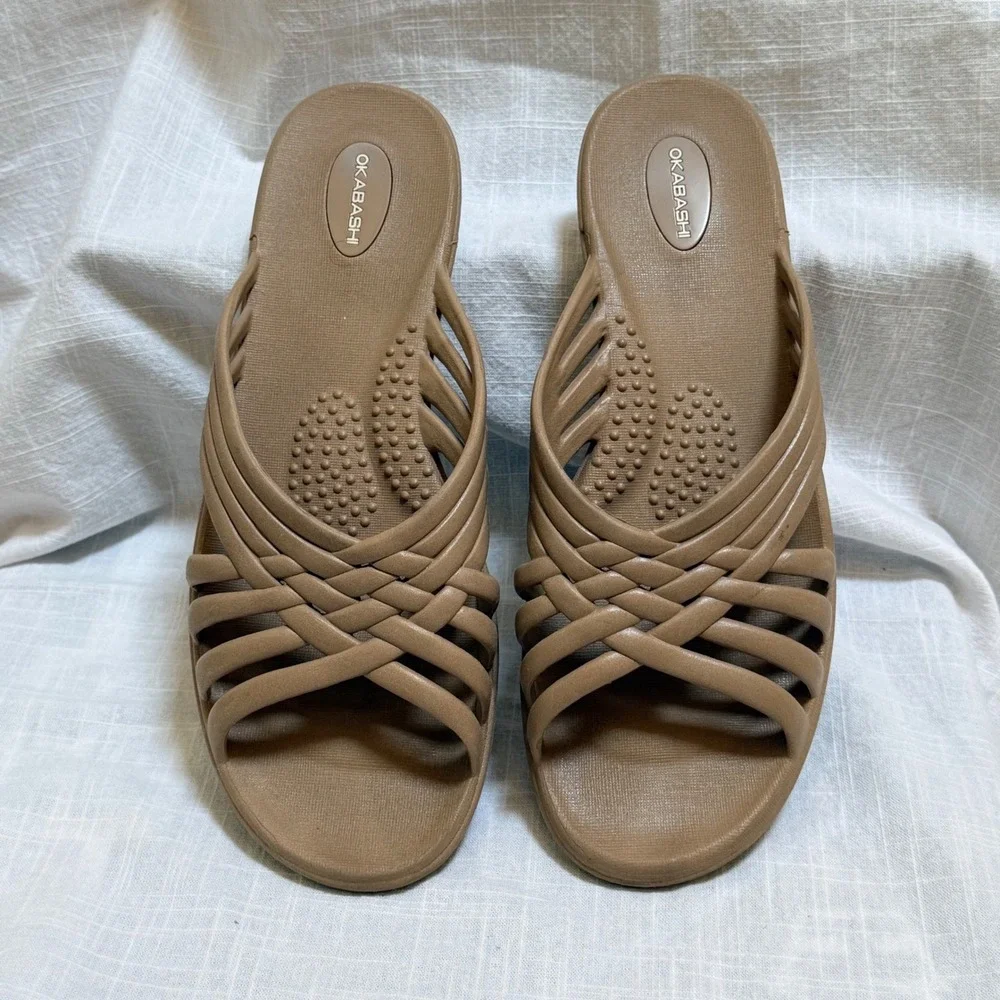 Okabashi Maui Slide Sandals Size L 9.5-10.5 Tan Brown Cross Strap Comfort USA‎